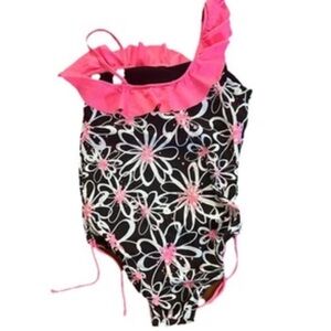Justice Black Floral Asymmetrical Ruffle One Piece Swimsuit Girls Size 14 EUC